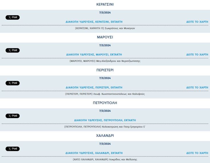 Έκτακτες διακοπές νερού σήμερα σε εννιά περιοχές της Αττικής