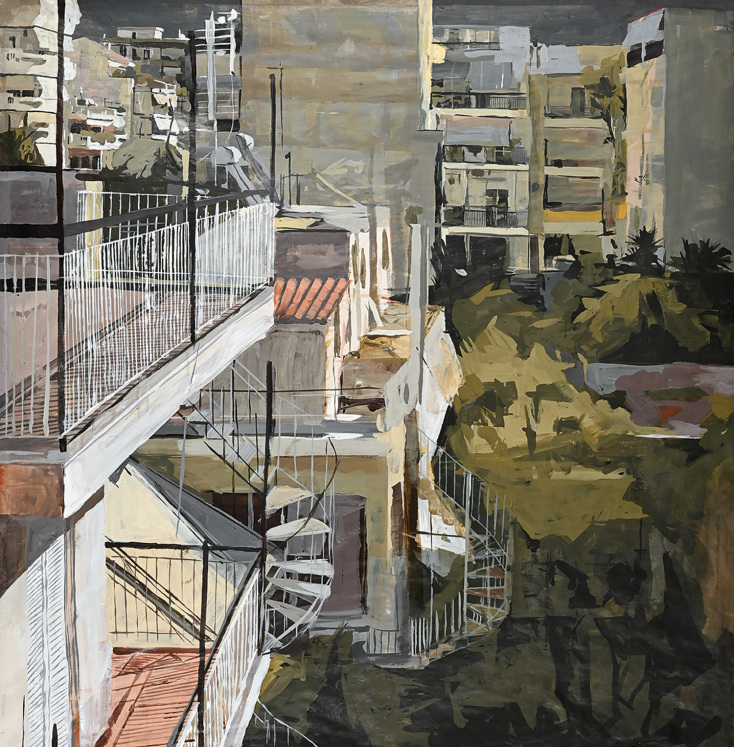 Δέσποινα Κωστή «Αστικό τοπίο», σκόνη αγιογραφίας και ακρυλικά σε χαρτί,100 Χ 98 εκ.