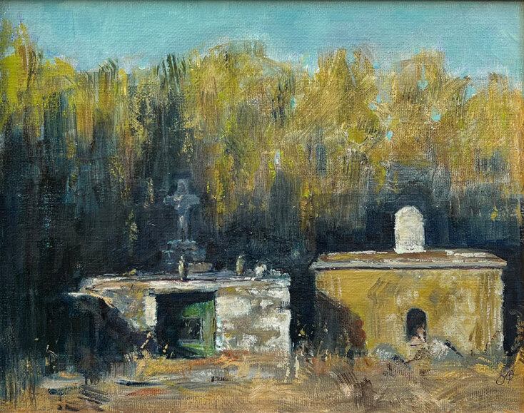 Όλγα Φεοχάρη, Κιβούρια (οικογεννειακοί τάφοι), 2020, λάδι σε καμβά, 23 x 29 cm