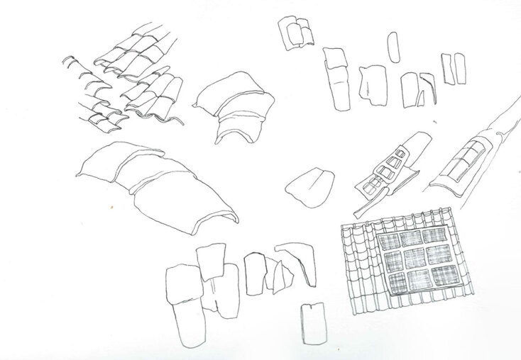 Αλεξία Ψαραδέλη,Femme maison I, 2023, πενάκι σε χαρτί, 35x45 cm