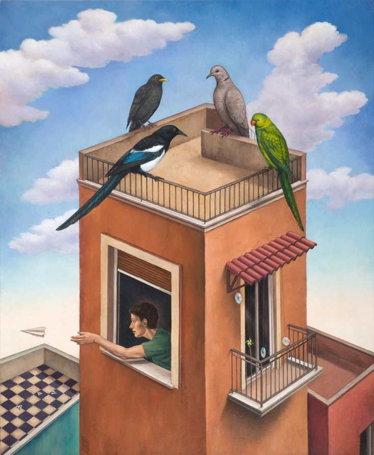 Η συνωμοσία των πτηνών, 2018, λάδι σε καμβά © Nikos Aggelidis / Gallery Skoufa