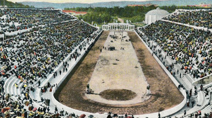 Καρτ ποστάλ του Παναθηναϊκού Σταδίου, όπου πραγματοποιήθηκαν οι πρώτοι σύγχρονοι Ολυμπιακοί Αγώνες το 1896 © Rykoff Collection/CORBIS/Corbis via Getty Images
