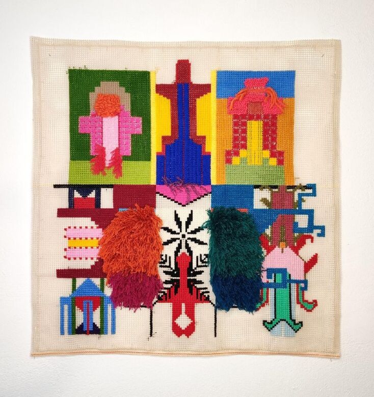 Βίκυ Βασιλείου, Άτιτλο, 2024, Ακρυλικά και Φυσικά Νήματα σε Καμβά Κεντήματος, 100x66 εκ.