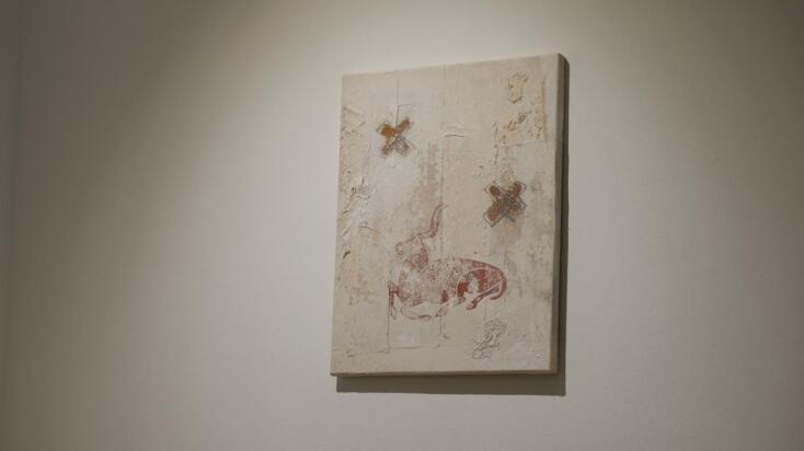 “Aleph“: Oil paint, charcoal, ochre, chalk, gum arabic on weathered nepalese paper mounted on canvas, 40x50cm, 2018