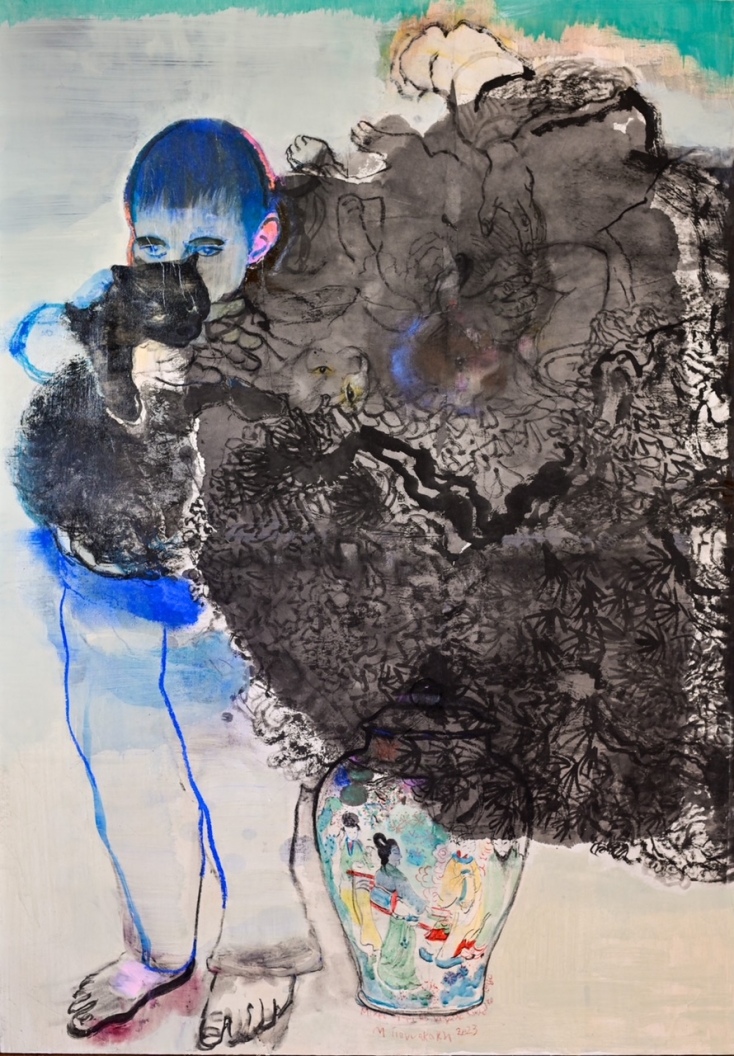 Μικρό αγόρι με μεγάλο Κινεζικό βάζο / μελάνι και παστέλ σε χαρτί xuan επικολλημένο σε ξύλο, 70 x 100 εκ., 2023