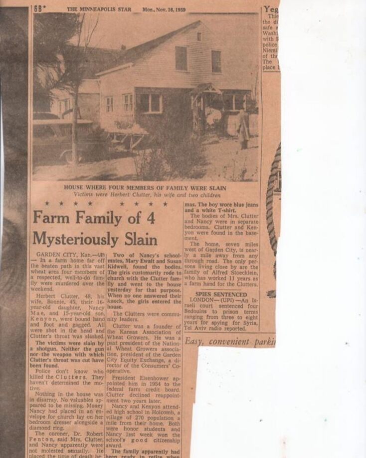 Απόκομμα της εφημερίδας για τη δολοφονία της οικογένειας Clutter