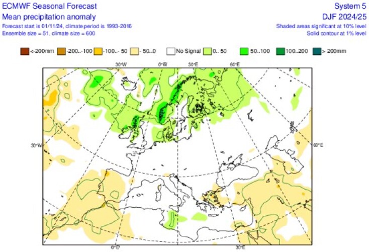 Προγνωστικοί χάρτες του ECMWF και του C3Smulti-modelsystem με τις αποκλίσεις του υετού (βροχόπτωσης) για τον χειμώνα 2024-2025 (3-monthaverage), με αρχικές τιμές της 01/11/2024