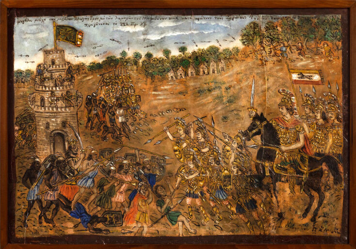 Lot 17, Θεόφιλος «Η μεγάλη μάχη του μεγάλου Αλεξάνδρου». Λάδι σε χαρτόνι, 70*100 cm, Εκτίμηση €50.000-70.000