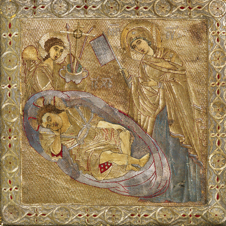  Επιγονάτιο, κέντημα, μετάξι, αργυρό σύρμα και επίχρυσο αργυρό σύρμα, 14ος αιώνας (;), Ελλάδα ή Κωνσταντινούπολη. Πηγή: Μονή Αγίου Ιωάννη του Θεολόγου, Πάτμος