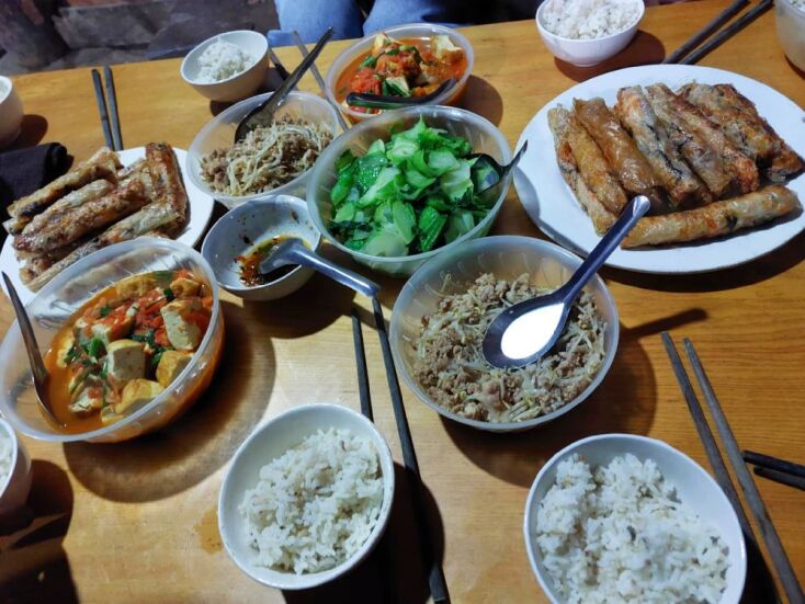 Tofu, λάχανο, μοσχαρίσιος κιμάς με φύτρες φασολιού, spring rolls και ρύζι