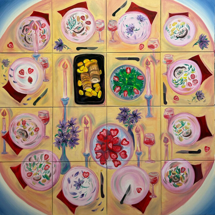 Μαριλία Κολυμπίρη, Communal meals, 2025, 16-panel painting, oils on canvas, 160x160 cm 
