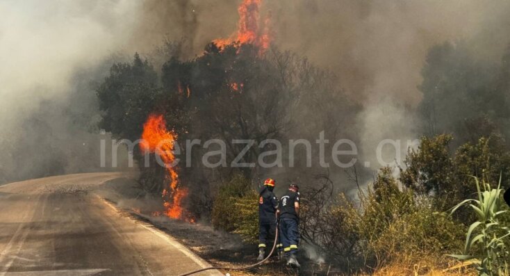 Δύσκολη η κατάσταση στη Ζάκυνθο: Η φωτιά έφτασε στις αυλές σπιτιών στον Αγαλά
