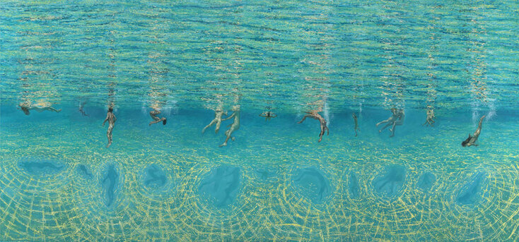 Μαρία Φιλοπούλου, Κολυμβητές κάτω από το νερό, λάδι σε πανί, 2024