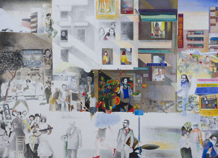 Αχιλλέας Ραζής, «Δρόμος 66-74», από την ομαδική έκθεση για τον Διονύση Σαββόπουλο με τίτλο «στο υπόγειο νησί του», στην γκαλερί Ζουμπουλάκη