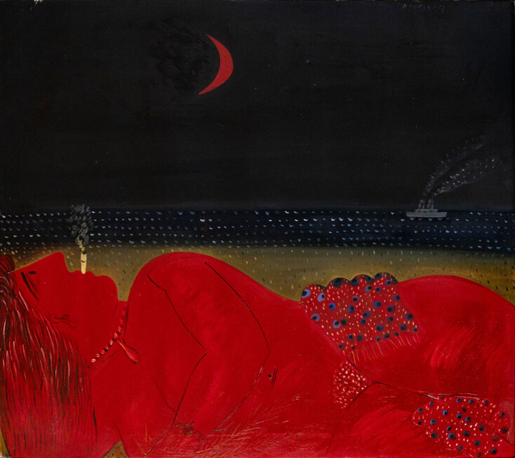 Lot99, Αλέκος Φασιανός, Κόκκινη φιγούρα,ωλάδι σε μουσαμά,120 x 136 cm, Εκτίμηση €30.000-40.000