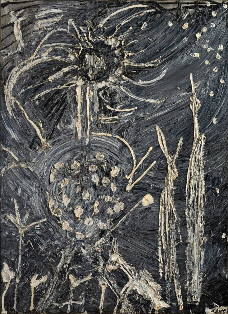 Lot59, Θανάσης Τσίγκος, Personnages à la tête de soleil, λάδι σε μουσαμά, 130 x 97 cm, Εκτίμηση €24.000-35.000