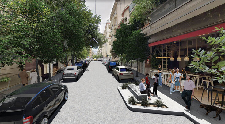 Επέκταση πεζοδρομίων κατά 50 με 80 εκ. ανάλογα με τις ανάγκες. Σημειακή επέκταση πεζοδρομίων κατά 10 τ.μ. σε μία θέση στάθμευσης ανά 10 (10%). Ελεύθερο οδόστρωμα 3,5 μ. Στάθμευση όπως σήμερα. | Τρισδιάστατος σχεδιασμός: Θεανώ Πέππα, αρχιτέκτων