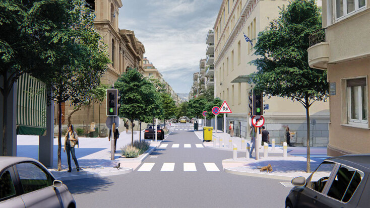 Επέκταση πεζοδρομίων κατά 50 με 80 εκ. ανάλογα με τις ανάγκες. Σημειακή επέκταση πεζοδρομίων κατά 10 τ.μ. σε μία θέση στάθμευσης ανά 10 (10%). Ελεύθερο οδόστρωμα 3,5 μ. Στάθμευση όπως σήμερα. | Τρισδιάστατος σχεδιασμός: Θεανώ Πέππα, αρχιτέκτων