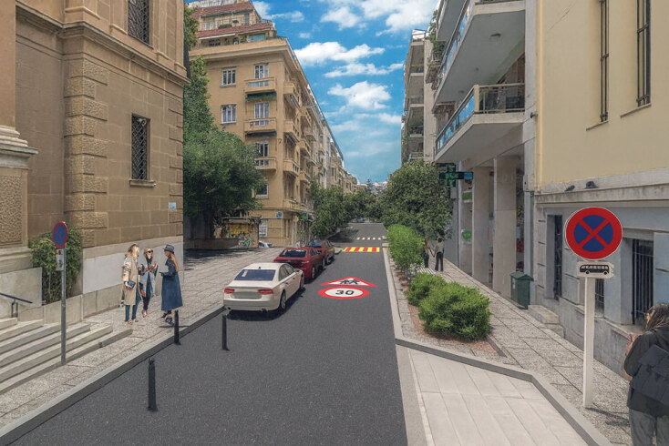 Διαπλατύνσεις πεζοδρομίων, μικροαναπλάσεις και ειδική εμφατική σήμανση σχολικού δακτυλίου | Τρισδιάστατος σχεδιασμός: Θεανώ Πέππα, αρχιτέκτων