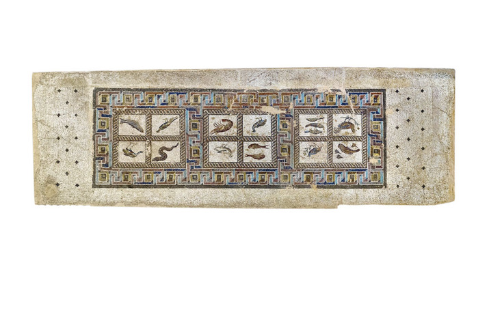 Ψηφιδωτό δάπεδο με πολύχρωμο μαίανδρο που δημιουργεί τρία πλαίσια. Στο καθένα εικονίζονται ψάρια, οστρακοειδή και πτηνά που αποδίδονται με ιδιαίτερες λεπτομέρειες χάρη στη χρήση μικρών ψηφίδων. Πάτρα, 3ος αι. μ.Χ.