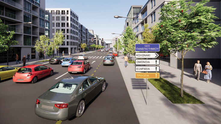 Τοποθέτηση πληροφοριακής σήµανσης µε χρωµατική διαφοροποίηση ανάλογα τον προορισµό | Τρισδιάστατος σχεδιασμός: Χρήστος Σεραφέρας, αρχιτέκτων.