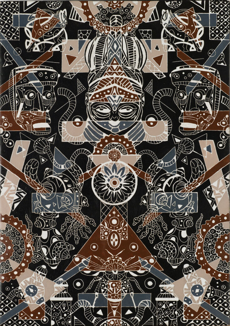 «Cultural Continuum», 35cm x 50cm, χάραξη, χρώματα καζείνης και ακρυλικά σε ξύλο, 2018