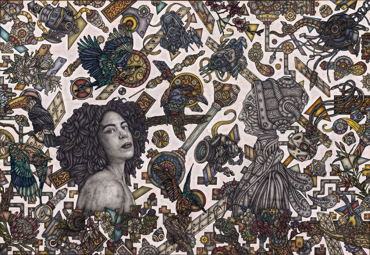 «Πνεύμα εγκλωβισμένης ευτυχίας», χρωματιστά μολύβια, μολύβι και μελάνι σε χαρτί, 100cmx 70cm, 2022-2023