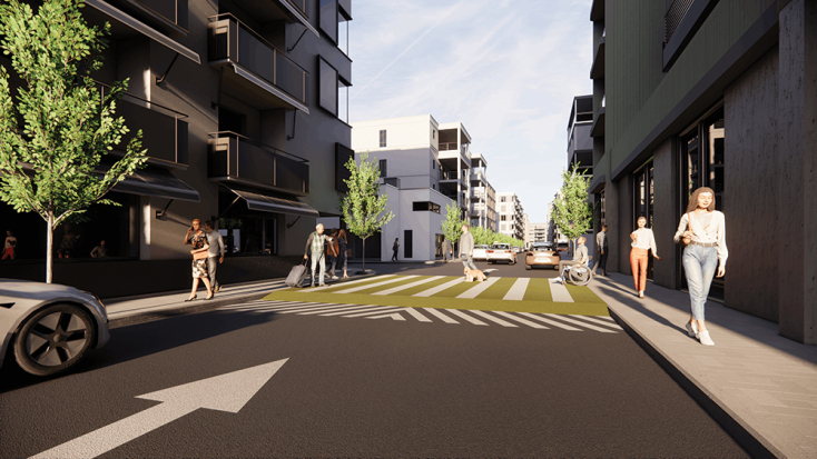 Σε ευαίσθητες χρήσεις γης, όπως είναι τα σχολεία, πρέπει να έχουμε ανυψωμένες διαβάσεις, για να μειώνεται υποχρεωτικά η ταχύτητα των οχημάτων | Τρισδιάστατος σχεδιασμός: Χρήστος Σαραφέρας, Αρχιτέκτων Μηχανικός