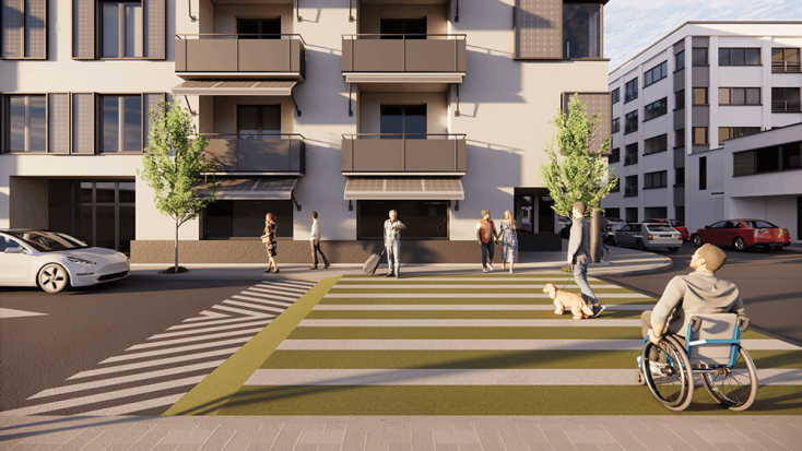 Εικόνα 4: Σε ευαίσθητες χρήσεις γης, όπως είναι τα σχολεία, πρέπει να έχουμε ανυψωμένες διαβάσεις, για να μειώνεται υποχρεωτικά η ταχύτητα των οχημάτων | Τρισδιάστατος σχεδιασμός: Χρήστος Σαραφέρας, Αρχιτέκτων Μηχανικός