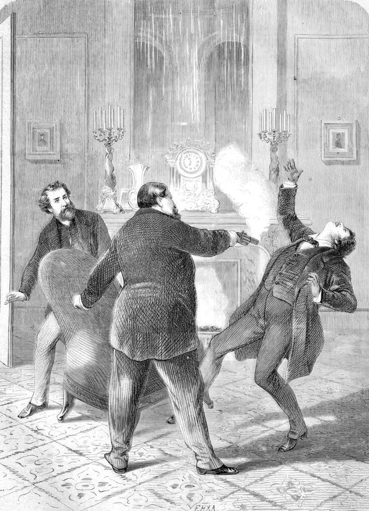 Ο πρίγκιπας Πιερ Ναπολέων Βοναπάρτης, ανιψιός του Ναπολέοντα Βοναπάρτη, πυροβολεί τον Βικτόρ Νουάρ —κατά κόσμον Ιβάν Σαλμόν (27 Ιουλίου 1848 – 11 Ιανουαρίου 1870)— Γάλλο δημοσιογράφο, στις 11 Ιανουαρίου 1870, στη Γαλλία. Ιστορική αναπαραγωγή πρωτότυπου έργου με σκηνή του 19ου αιώνα