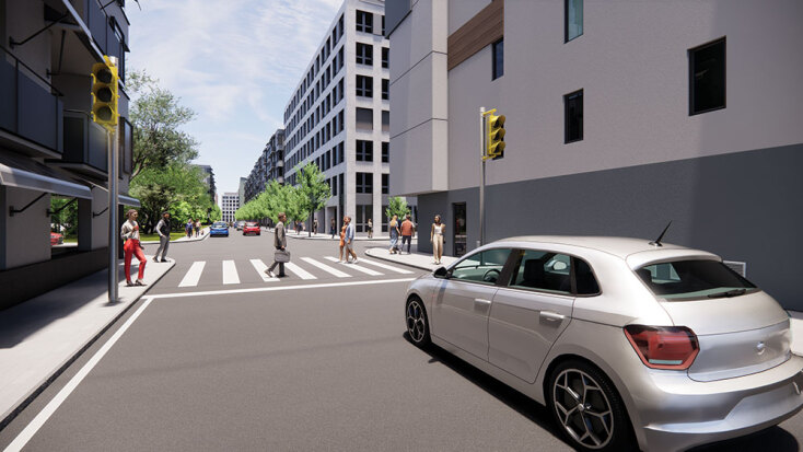 Εικόνα 2: Η τοποθέτηση του σηματοδότη στην αρχή της διάβασης, κρατώντας την ελεύθερη,  διευκολύνει τους πεζούς, ώστε να διέρχονται άνετα και με ασφάλεια | Τρισδιάστατος σχεδιασμός: Χρήστος Σαραφέρας, αρχιτέκτων