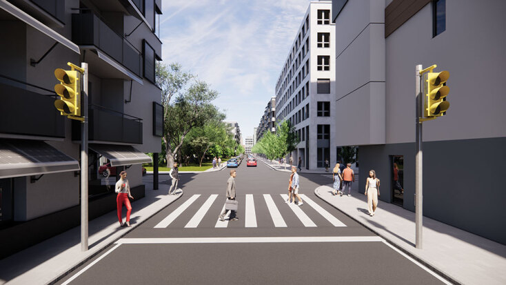 Η τοποθέτηση του σηματοδότη στην αρχή της διάβασης, κρατώντας την ελεύθερη,  διευκολύνει τους πεζούς, ώστε να διέρχονται άνετα και με ασφάλεια | Τρισδιάστατος σχεδιασμός: Χρήστος Σαραφέρας, αρχιτέκτων