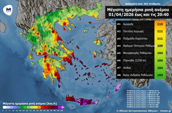 Κακοκαιρία Erminio: Χάρτης και πίνακας με τις περιοχές που είχαν τους πιο ισχυρούς ανέμους