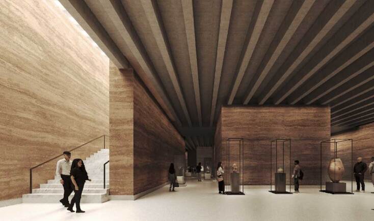 Φωτορεαλιστική απεικόνιση από το Εθνικό Αρχαιολογικό Μουσείο - Κεντρικός χώρος ισογείου με εμβληματικά έργα των συλλογών