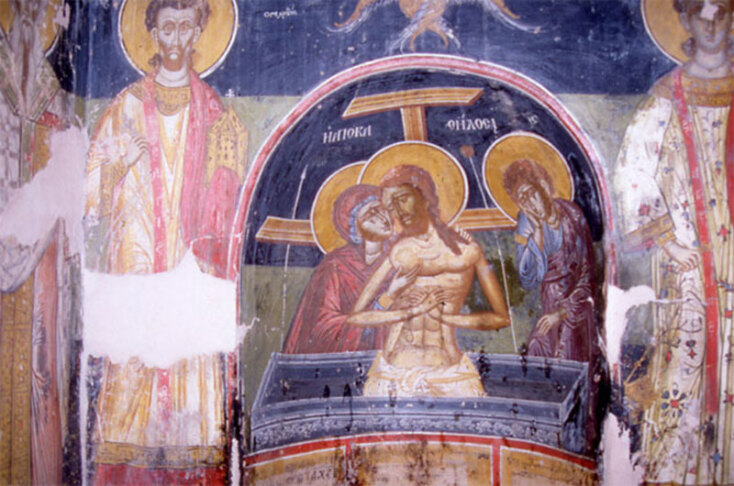 Ιερός Ναός του Αγίου Γεωργίου στη Ρεντίνα Αγράφων - Τοιχογραφίες ανατολικού τοίχου του ιερού βήματος στο παρεκκλήσιο του Αγίου Δημητρίου  © Υπουργείο Πολιτισμού και Αθλητισμού