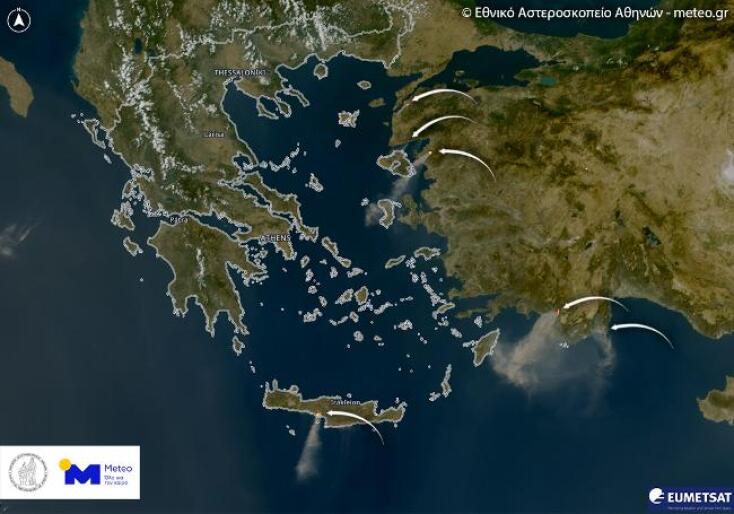 Δορυφορική εικόνα του καπνού από τις πυρκαγιές σε Κρήτη και Τουρκία από τον Meteosat-12 στις 29/07/2026 17:30.
