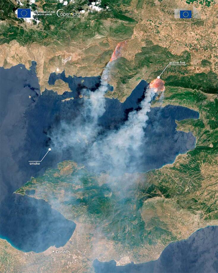 Η φωτιά στη Βοιωτία μέσα από το δορυφορικό σύστημα Copernicus της EE