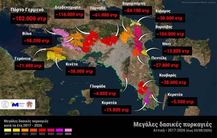 Δορυφορική εικόνα με τις δασικές πυρκαγιές στην Αττική και τις καμένες εκτάσεις από το 2017 μέχρι το 2016