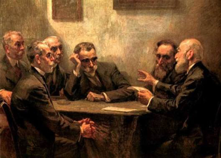 «Οι ποιηταί», έργο του Γ. Ροϊλού, που βρίσκεται στον Φιλολογικό Σύλλογο «Παρνασσός». Εικονίζονται από τα αριστερά προς τα δεξιά: Γεώργιος Στρατήγης, Γεώργιος Δροσίνης, Ιωάννης Πολέμης, Κωστής Παλαμάς, Γεώργιος Σουρής και ο Αριστομένης Προβελέγγιος, που διαβάζει ένα ποίημα.