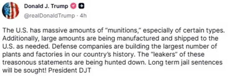 Η ανάρτηση του Ντόναλντ Τραμπ στο Truth Social για τις αποθήκες πυραύλων των ΗΠΑ