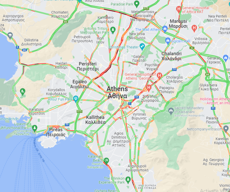 Η κίνηση στους δρόμους της Αθήνας αυτήν την ώρα