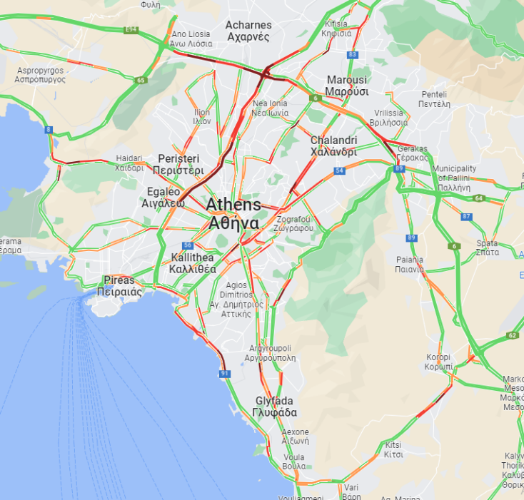 Οι δρόμοι με μποτιλιάρισμα αυτήν την ώρα στην Αθήνα