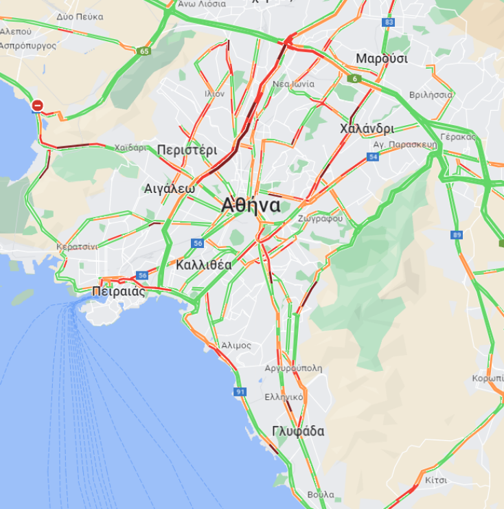 Οι δρόμοι με μποτιλιάρισμα αυτήν την ώρα στην Αθήνα