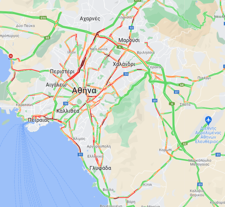 Οι δρόμοι με μποτιλιάρισμα αυτήν την ώρα στην Αθήνα