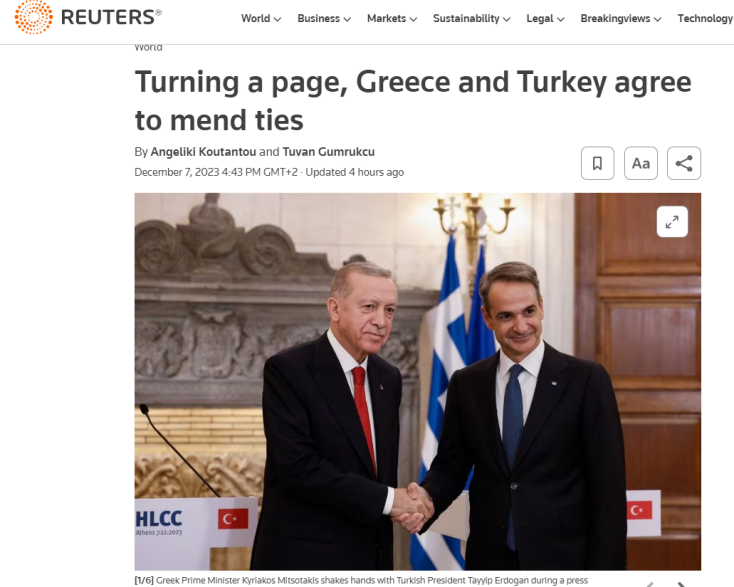 Για «αλλαγή σελίδας ανάμεσα σε Ελλάδα και Τουρκία» κάνει λόγο το Reuters