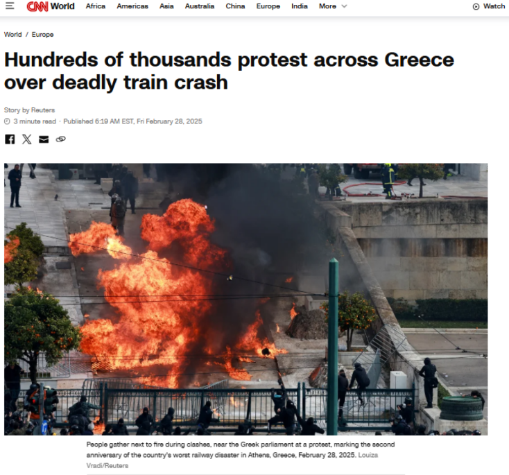 Συγκεντρώσεις για τα Τέμπη: Τι γράφουν τα διεθνή ΜΜΕ για τις τεράστιες συγκεντρώσεις και τα επεισόδια στο Σύνταγμα