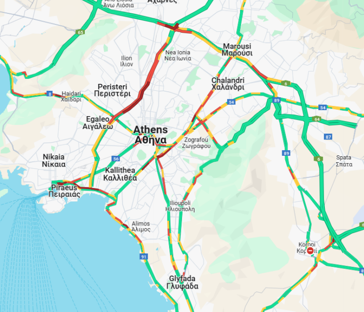 Ο χάρτης με την κίνηση αυτήν την ώρα στην Αττική
