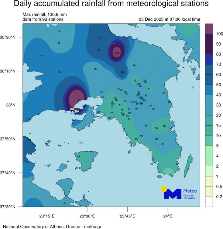 Χάρτης με τις περιοχές όπου έπεσε η βροχή