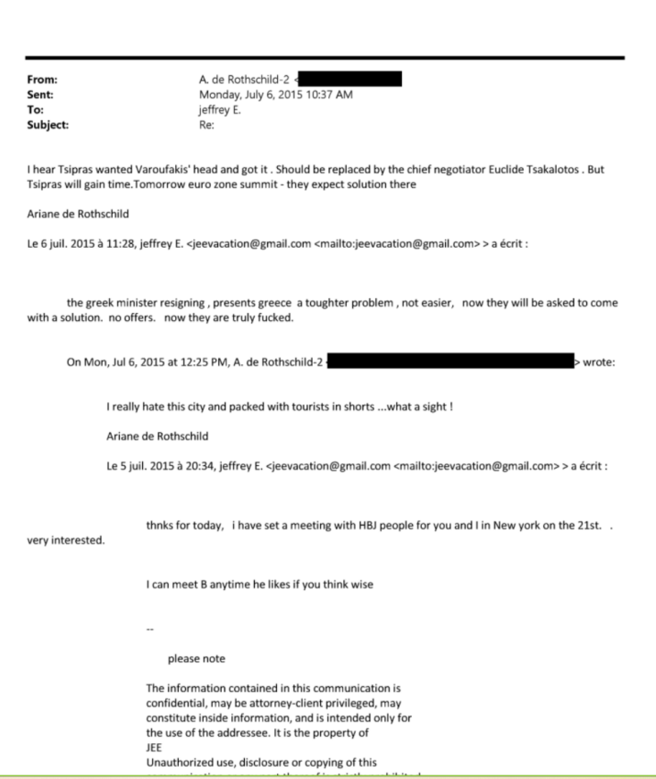 Το email από το αρχείο Έπσταϊν με σχόλια για Τσίπρα - Βαρουφάκη το 2015