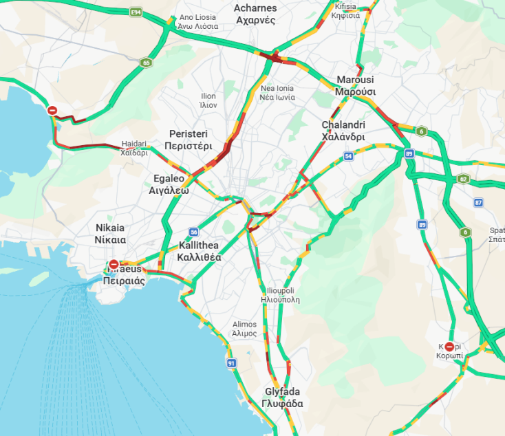 O χάρτης με την κίνηση αυτήν την ώρα στην Αττική